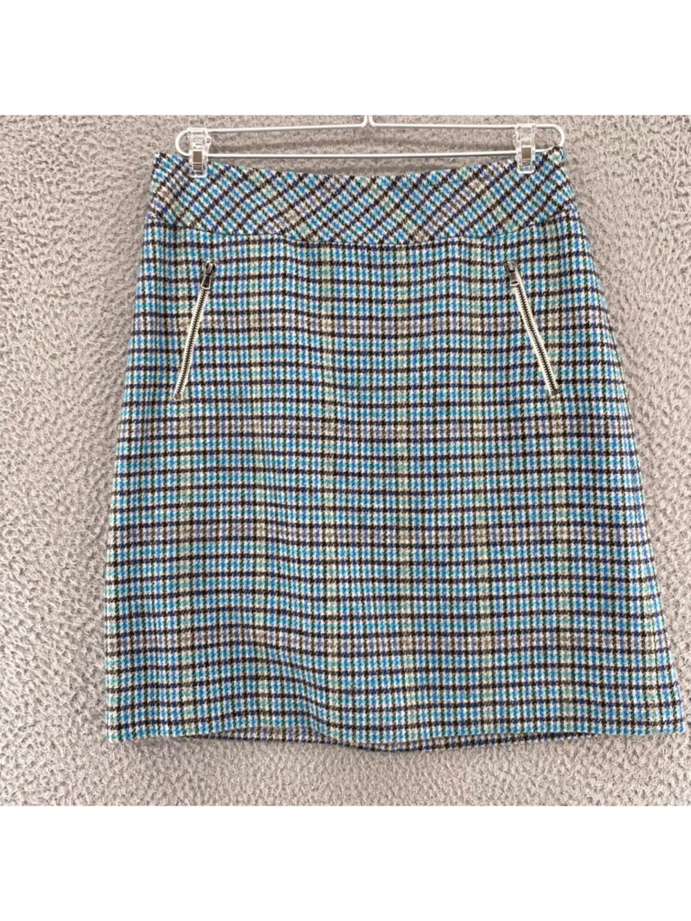 Talbots Skirt Women 4 Blue Multi Check Plaid Wool Blend Mini Zip Pocket Straight